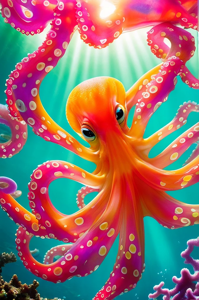 (Highest quality,4K,8K,High resolution,masterpiece:1.2),(Transparent color octopus:1.3),Super detailed,Realistic:1.37,Vibrant colors,Underwater Scene,Beautiful and elaborate coral reefs,The bright sun illuminates the clear blue sea,Abundant marine life,Colorful exotic tropical fish,The gentle movement of seaweed,Crystal clear visibility,Ethereal atmosphere,Peace and tranquility,Soft natural light,Skillfully painted like an oil painting,Subtle rays of sunlight reflecting off the ocean floor,Peace and tranquility,Great beauty,Fascinating水中の楽園,Impressive biodiversity,Attention to detail,細心の注意を払って作られた水中のmasterpiece,Perfect clarity,Fascinating,Fascinating,Photorealistic Rendering,Carefully drawn coral structure,on a whim,dream-like,A gorgeous work of art,Striking realism,Sublime Underwater Ecosystem,Harmony between life and nature.