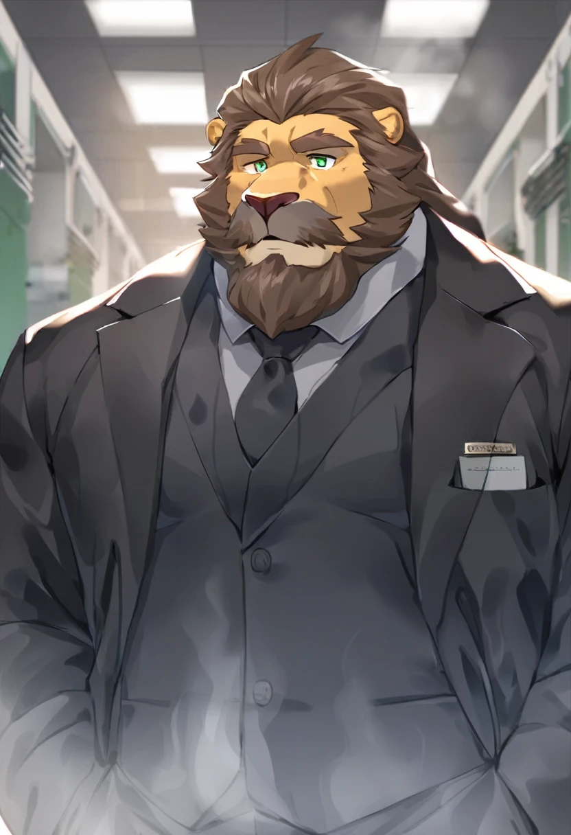 lion,personification,Mature male,Strong Man,Thick beard,Cold expression,Green pupils,Brown eyebrows,Black suit suit,Hands in pockets,The Age of Steam,Hospital Office。