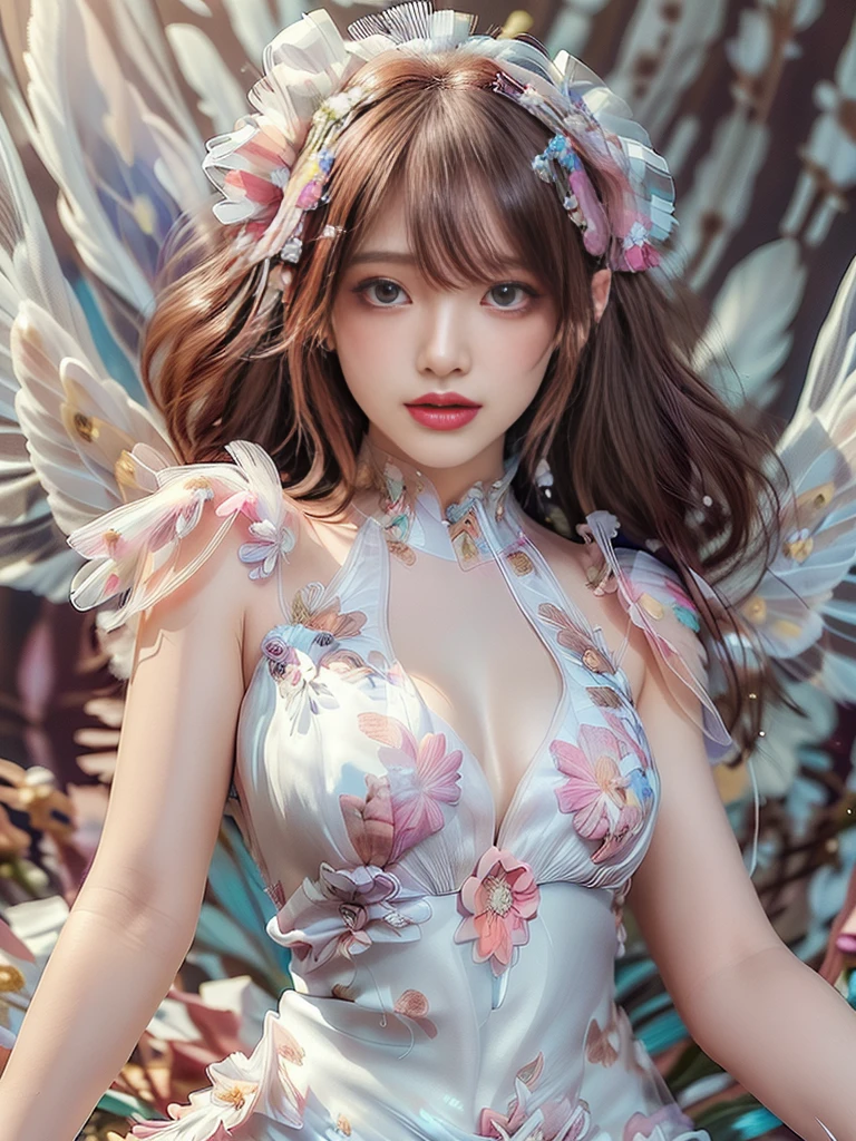 4K Ultra HD, masterpiece, girl, Nice face, Fine grain, Detailed lips, 花のFairyの少女, Big Wings, Transparent feathers, Neon Light, (Galaxy Background:1.5), (Floral Dress:1.8), (White Dress:1.5), In heaven,Angel、Fairy、(((Gentle Smile 1.3)))、(((Dynamic pose 1.5)))、(((Blur the background)))、Place your right hand on your mouth 1.85、A sweet expression、