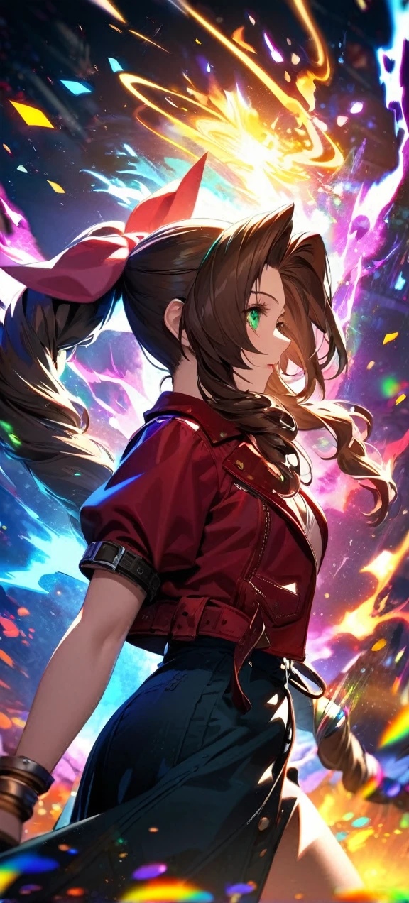 Symetrical,absurdres, highres, ultra detailed, HDR, masterpiece, extremely detailed face and eyes, aerith gainsborough ,final fantasy 7, , , solo, women , beautiful, ,, , beautiful pose scene,colorful flowers effect, colorful lightning effect,glowing glitters, ,colorful flames effect, colorful aura effect, colorful splashing, surrounded by colorful flowers energy