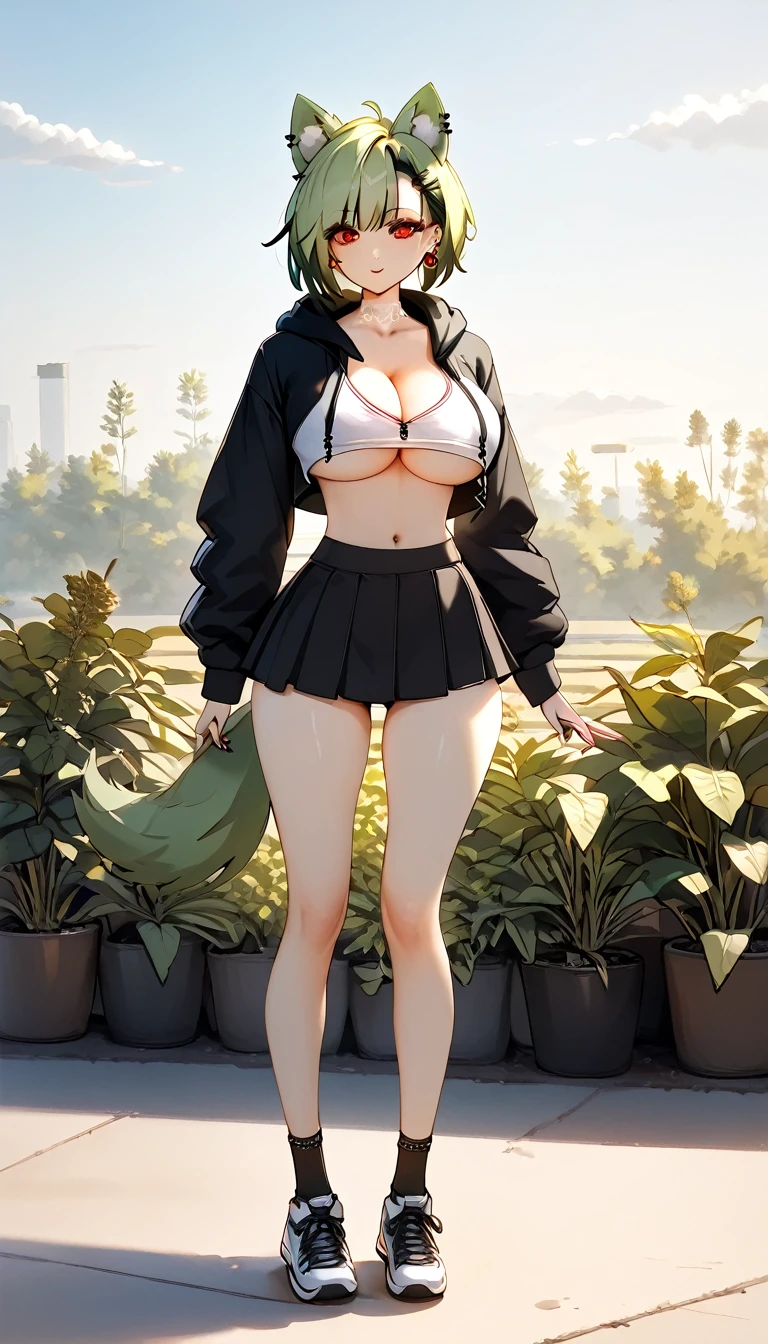 , Croped, , cleavage, slim waist, cropped hoodie underboob, cropped hoodieunderboobhoodie, 1girl, 2 wolf ears, wolf tail, marijuana crop hoodie, crop shorts, marijuana hoodie, spiky hair, spiky fur, green hair, red eyes,marijuana field, tight clothes, perfect eyes, perfect hands, clear resolution, full body, cleavage skin, marijuana plants, open hoodie, marijuana field, black thigh high socks, full body, earrings, 1girl, skirt, cleavage, slim waist, cleavage, slim waist, hair pulled back, big breast, round butt, slim waist, best quality, sexy pose, thick thighs, D-cup breast,