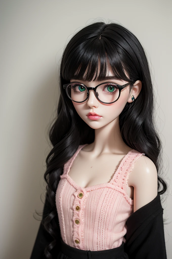 a blythe doll with wavy black hair, green-eyed, thin round glasses, pink lips, skin fair, black clothing, with cat eye and a mole above the left lip 