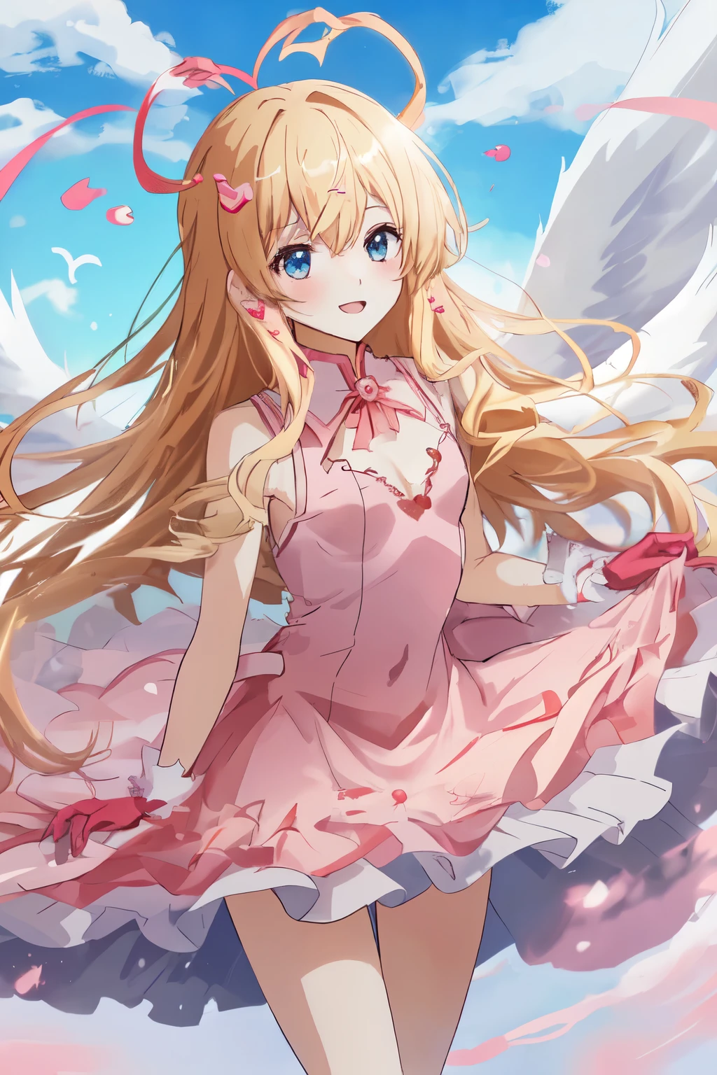 1_girl, (anime, kawai:2), (masterpeice, best_quality, clean:1.5), (cute, cute_smile, young:1.5), (delicate, beautiful, thin:1.5), (girlfriend, angel:1.8), (green_eyes, simple_eyes:1.5) (long_hair, blond_hair, wearing_pink_dress, pink_angel_wings, sexy_gloves:1.5), extremely_delicate, (love_magic:1.5), (age_size_fits_body), (small_thighs:1.3), (breasts), (eye_level:1.3), (heart_magic, love:1.5)