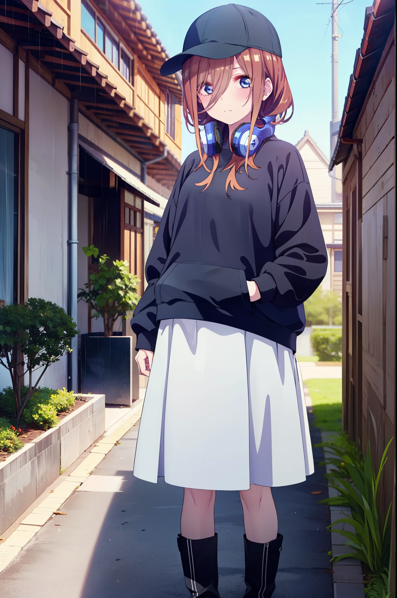 miku nakano, Nakano Miku Ticket III, Long Hair, bangs, blue eyes, Brown Hair, Hair between the eyes,Baseball hats,Headphones around neck,Oversized blue hoodie,Long skirt,short boots,rain,Hiding in a roofed building,Standing leaning against the wall,whole bodyがイラストに入るように,
break outdoors, Building district,
break looking at viewer, whole body,
break (masterpiece:1.2), Highest quality, High resolution, unity 8k wallpaper, (figure:0.8), (Beautiful attention to detail:1.6), Highly detailed face, Perfect lighting, Highly detailed CG, (Perfect hands, Perfect Anatomy),