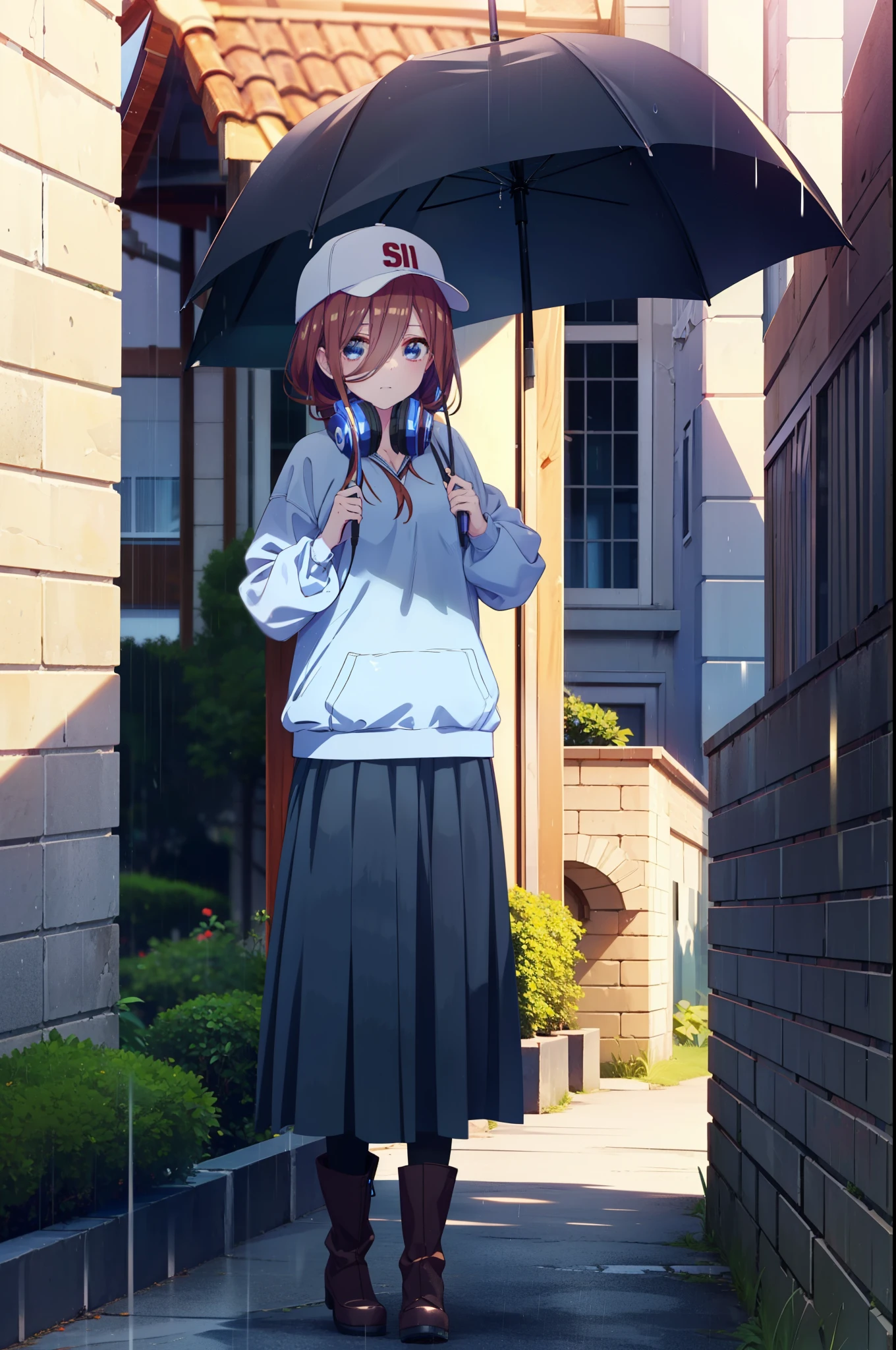 miku nakano, Nakano Miku Ticket III, Long Hair, bangs, blue eyes, Brown Hair, Hair between the eyes,Baseball hats,Headphones around neck,Oversized blue hoodie,Long skirt,short boots,rain,Hiding in a roofed building,Standing leaning against the wall,whole bodyがイラストに入るように,
break outdoors, Building district,
break looking at viewer, whole body,
break (masterpiece:1.2), Highest quality, High resolution, unity 8k wallpaper, (figure:0.8), (Beautiful attention to detail:1.6), Highly detailed face, Perfect lighting, Highly detailed CG, (Perfect hands, Perfect Anatomy),