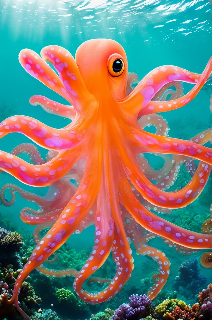 (Highest quality,4K,8K,High resolution,masterpiece:1.2),(Transparent color octopus:1.3),Super detailed,Realistic:1.37,Vibrant colors,Underwater Scene,Beautiful and elaborate coral reefs,The bright sun illuminates the clear blue sea,Abundant marine life,Colorful exotic tropical fish,The gentle movement of seaweed,Crystal clear visibility,Ethereal atmosphere,Peace and tranquility,Soft natural light,Skillfully painted like an oil painting,Subtle rays of sunlight reflecting off the ocean floor,Peace and tranquility,Great beauty,Fascinating水中の楽園,Impressive biodiversity,Attention to detail,細心の注意を払って作られた水中のmasterpiece,Perfect clarity,Fascinating，Fascinating,Photorealistic Rendering,Carefully drawn coral structure,on a whim，dream-like,A gorgeous work of art,Striking realism,Sublime Underwater Ecosystem,Harmony between life and nature.