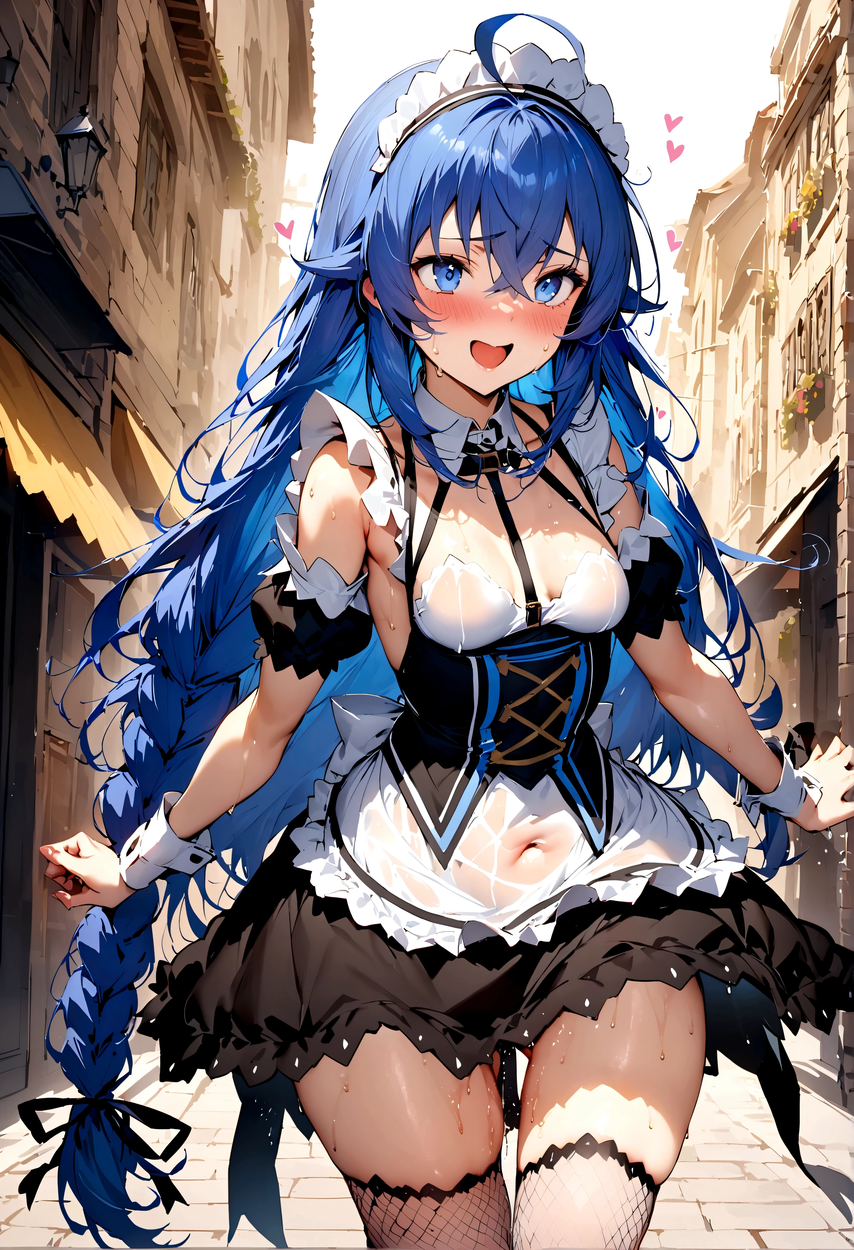 NSFW,masterpiece,Highest quality,High resolution,Super detailed,Roxy Migurdia\(Mushoku Tensei ~If you go to another world, you'll get serious~\),Small breasts,Blue Eyes,Blue Hair,Long Hair,Braid,Twin Blade,(High-quality sexy maid outfit),See-through,White fishnet stockings,Iron Collar,Embarrassed,excited,Estrus,blush,smile,Sweat,orgasm,Climax,(Squirting),heart,bustling street