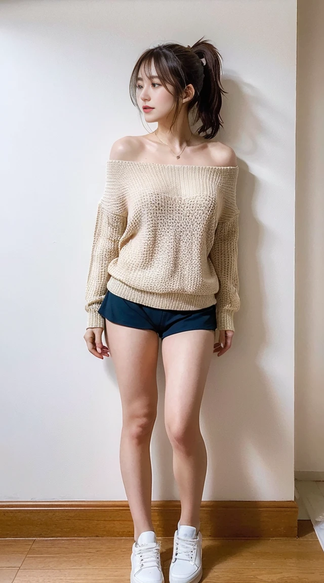 Dark brown hair、Light brown eyes、Japanese actress、 Lady、I am about 40 years old..、(Intricate details:1.2)、(Which one is on top??:1.4)、 (Ultra-high resolution:1.2)、Ultra-high resolution、(Finely tuned)、(Detailed facial features)、Hmph、8K resolution、D cup size breasts、Long Hair、Bright bathroom with sunlight shining in、Large windows、Extravagant space、relax、、,Full body photo、Head to toe shot、Beautiful legs、Loose-fitting sweater、Swimsuit Shorts、Beautiful legs、A refreshing room filled with sunlight、she, household items,   (plant:0.8), Fashion Hub, Extreme Detail, Very detailed, Realistic, Hourglass-shaped body, Obscene pose,、Messy Hair、Messy ponytail、Leaning against a wall、私 cry a lot、tears、person on the left、White wall、White floor、