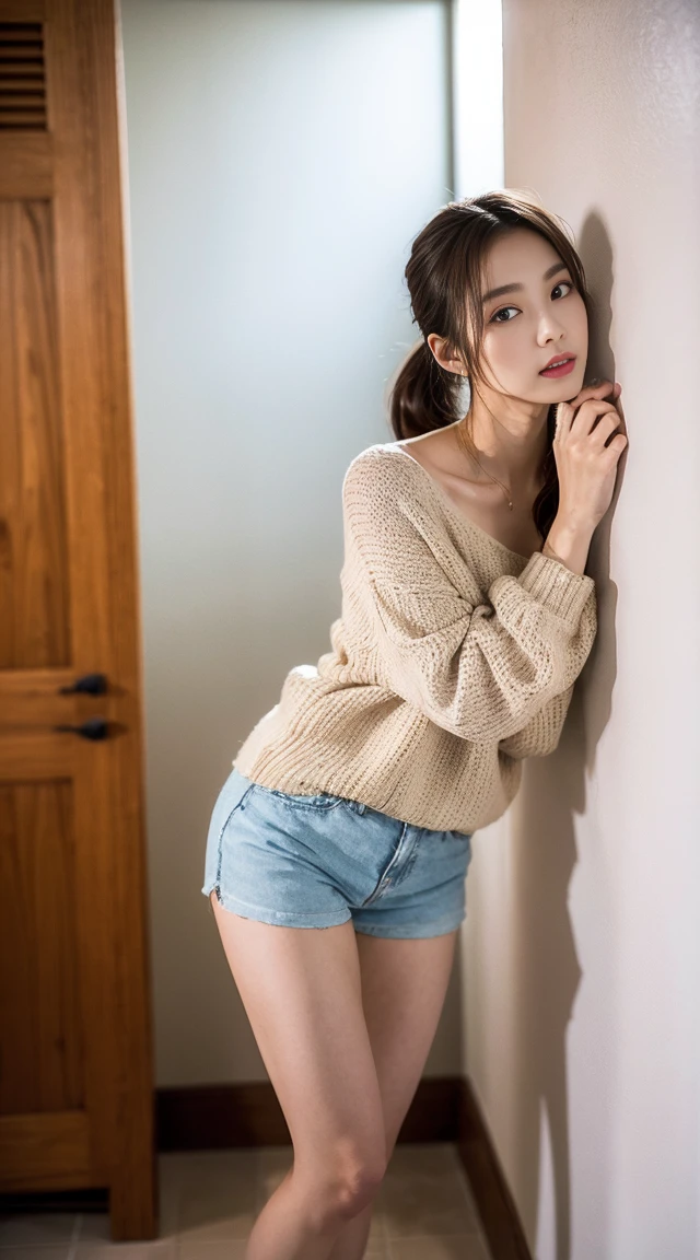 Dark brown hair、Light brown eyes、Japanese actress、 Lady、I am about 40 years old..、(Intricate details:1.2)、(Which one is on top??:1.4)、 (Ultra-high resolution:1.2)、Ultra-high resolution、(Finely tuned)、(Detailed facial features)、Hmph、8K resolution、D cup size breasts、Long Hair、Bright bathroom with sunlight shining in、Large windows、Extravagant space、relax、、,Full body photo、Head to toe shot、Beautiful legs、Loose-fitting sweater、Swimsuit Shorts、Beautiful legs、A refreshing room filled with sunlight、she, household items, (plant:0.8), Fashion Hub, Extreme Detail, Very detailed, Realistic, Hourglass-shaped body, Obscene pose,、Messy Hair、Messy ponytail、Leaning against a wall、私 cry a lot、tears、person on the left、White wall、White floor、