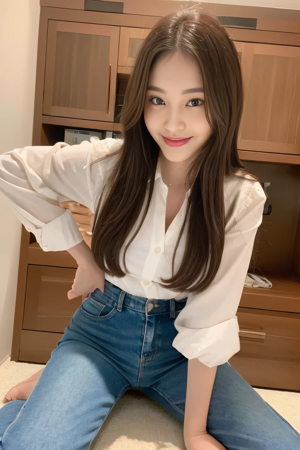 ((Full Body Angle))、((highest quality, 8K, masterpiece: 1.3)), concentrated: 1.2, Cute girl 1,Nipples erect、 Perfect beauty: 1.4,Cut and sewn T-shirt Raglan sleeve summer short sleeve T-shirt.Shorts: 1.2,Long sleeve、Randall Color、comics&Text Graphics、Black ruffle-trimmed drawstring zip blouse,1.1, Highly detailed face and skin textures, Fine grain, double eyelid, whitening skin, ,highest quality,Ultra-high resolution,you,1 girl,alone,_Shiny_skin,Iris,necklace,((Brown_length_Wavy_hair)),(lips)),eyelash,Front hair,deal with,compensate,Shiny,pore,skin texture,Large Breasts、smiling face、