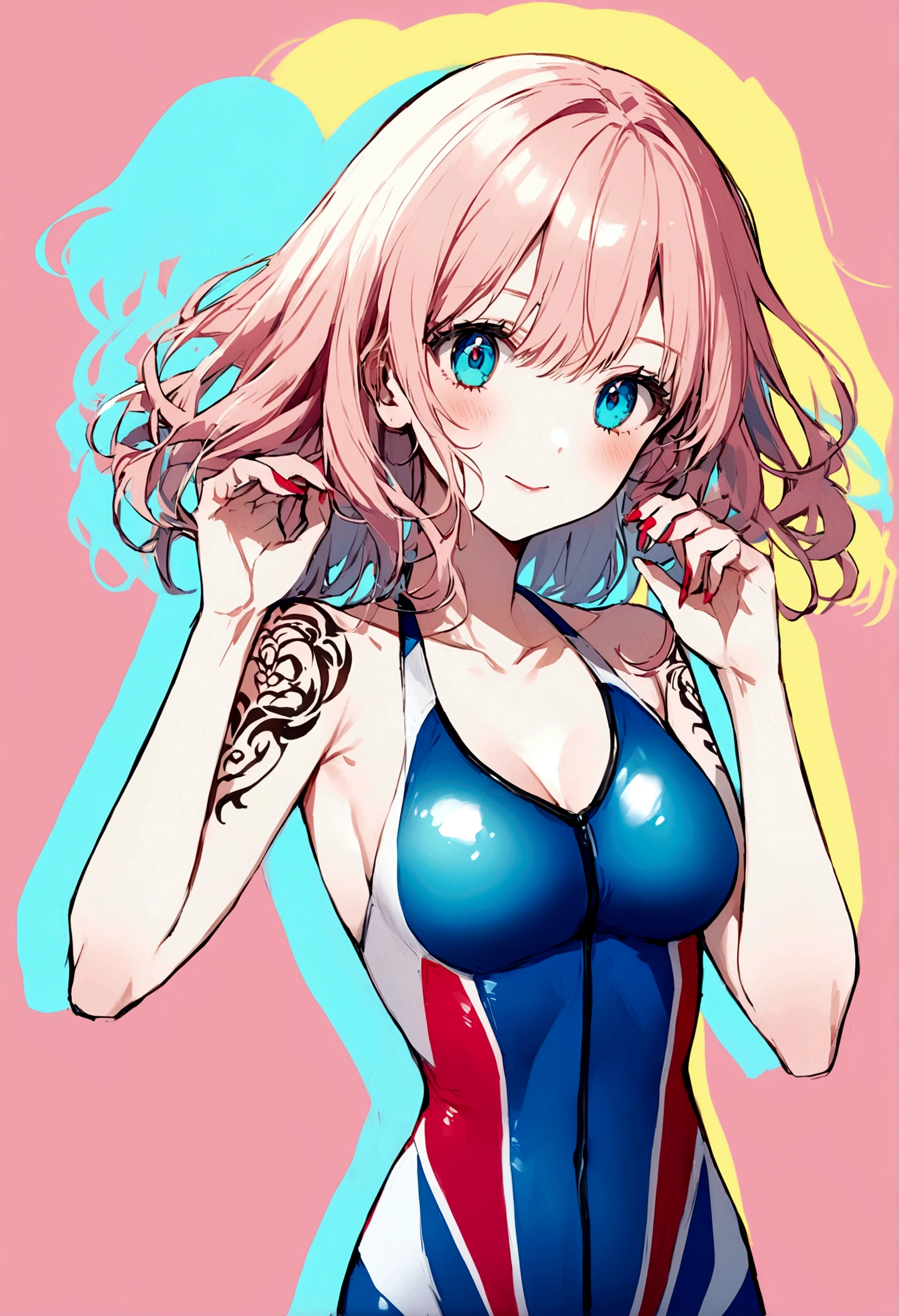 tattoo model of a woman with a professional swimming suit and short twilight alice-type hair