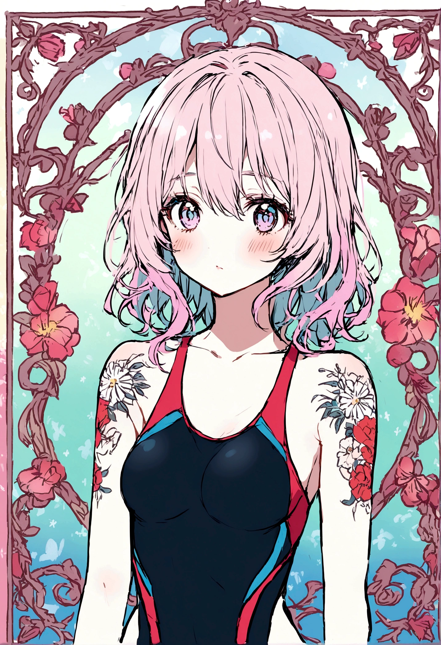 tattoo model of a woman with a professional swimming suit and short twilight alice-type hair