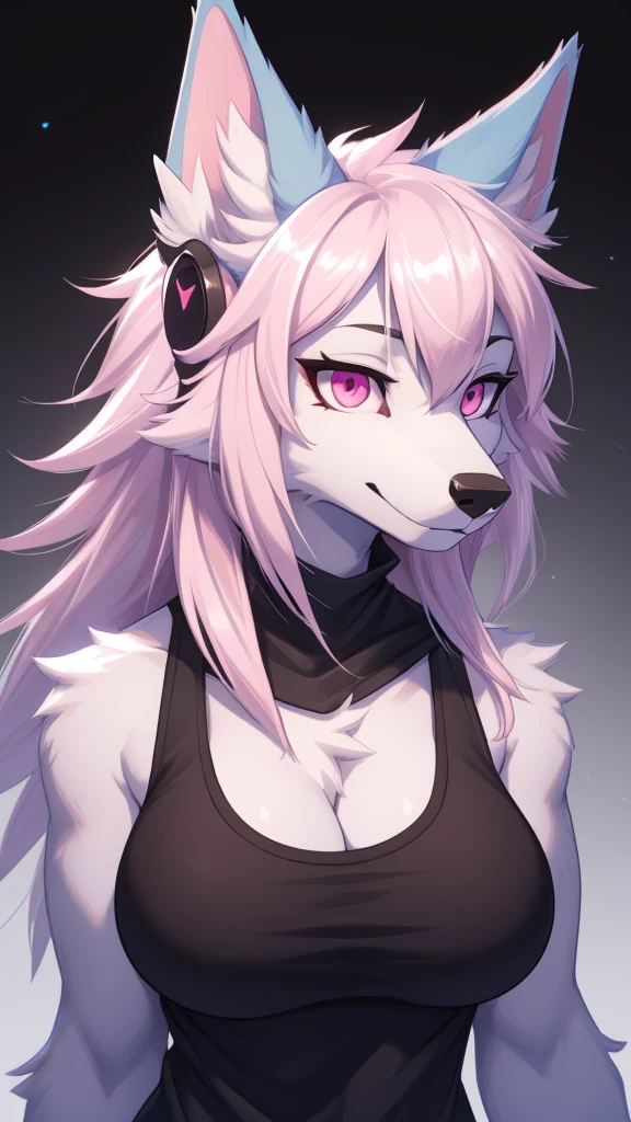 Furry wolf female protogen anthropomorphic white fur pink eyes blue ears wearing a black tank top medium breast size headshot view