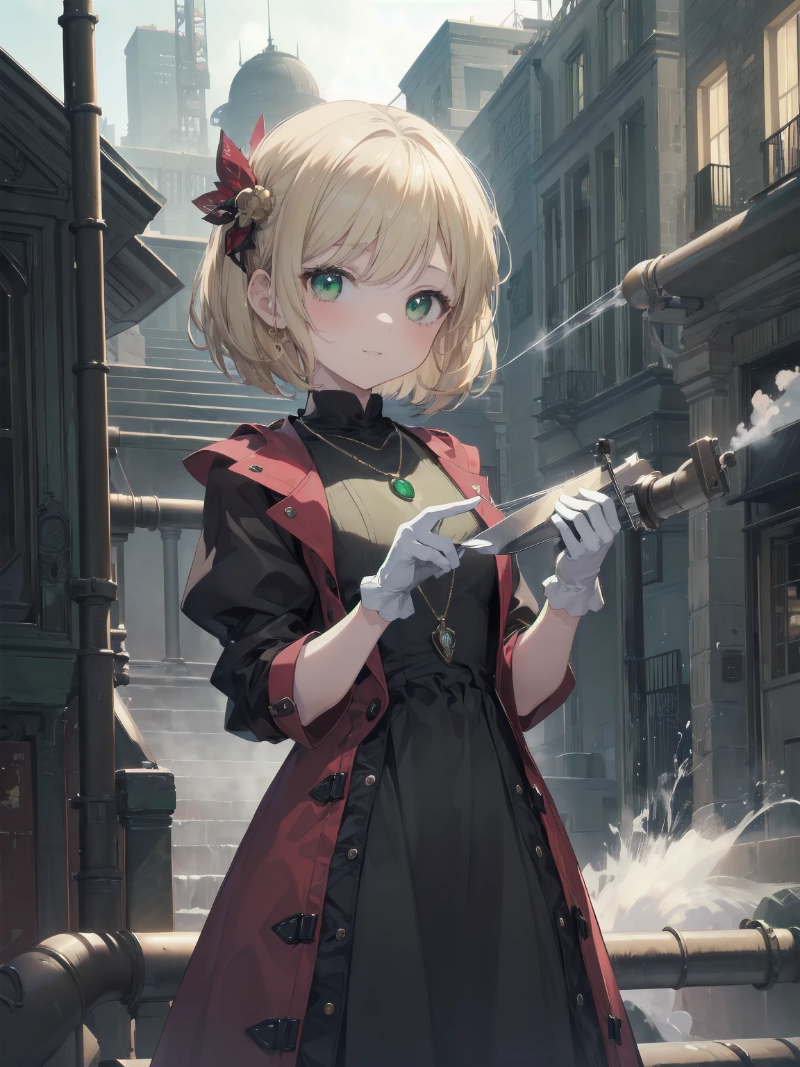 (masterpiece:1.2), (Highest quality:1.2), Ultra-high resolution, Very detailed, break, ((Anime girl standing with happiness in her hands)), Crazy girl, (1 person,Lolita,boyish, , 12 years old:1.3), A light smile, , girl who looks like a boy, Bob cut hair, ((Blonde Hair)), Messy Hair, A super-sized chest overflowing with soft fat masses、Waistline、Slender body, Small Ass, Small green eyes,Fine and beautiful eyes, Well-proportioned iris and pupil, Expressive eyes, Beautiful and detailed lips, High resolution detailed hair, Perfect Eyes, Perfect Face, ultra high density skin, Full Finger, Perfect lighting, break, ((Light green necklace)), ((Black and red luxury dress:1.3)), light green tie, Sparkling Sapphire, Lady, Wear white gloves, break, (steampunk), Castle balcony, Skyscraper, Night view, Equipment, pipe, (Steam spewing out from pipes:1.2), Fantasy, break, ((Positive:1.3)), break, Digital anime art,Anime style illustrations,Anime illustration
