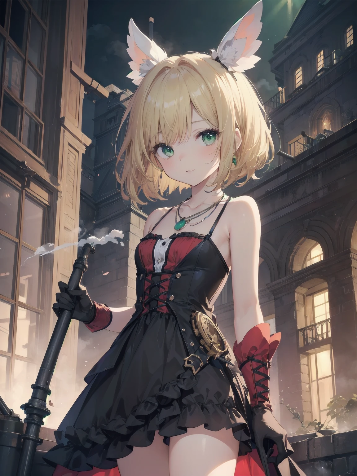 (masterpiece:1.2), (Highest quality:1.2), Ultra-high resolution, Very detailed, break, ((Anime girl standing with happiness in her hands)), Crazy girl, (1 person,Lolita,boyish, , 12 years old:1.3), A light smile, , girl who looks like a boy, Bob cut hair, ((Blonde Hair)), Messy Hair, A super-sized chest overflowing with soft fat masses、Waistline、Slender body, Small Ass, Small green eyes,Fine and beautiful eyes, Well-proportioned iris and pupil, Expressive eyes, Beautiful and detailed lips, High resolution detailed hair, Perfect Eyes, Perfect Face, ultra high density skin, Full Finger, Perfect lighting, break, ((Light green necklace)), ((Black and red luxury dress:1.3)), light green tie, Sparkling Sapphire, Lady, Wear white gloves, break, (steampunk), Castle balcony, Skyscraper, Night view, Equipment, pipe, (Steam spewing out from pipes:1.2), Fantasy, break, ((Positive:1.3)), break, Digital anime art,Anime style illustrations,Anime illustration