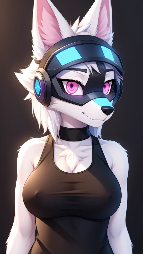 Furry wolf female protogen anthropomorphic white fur pink eyes blue ears wearing a black tank top medium breast size headshot view
