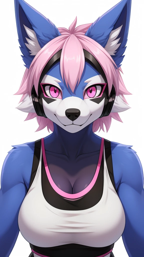 Furry wolf female protogen anthropomorphic white fur pink eyes blue ears wearing a black tank top medium breast size headshot view 