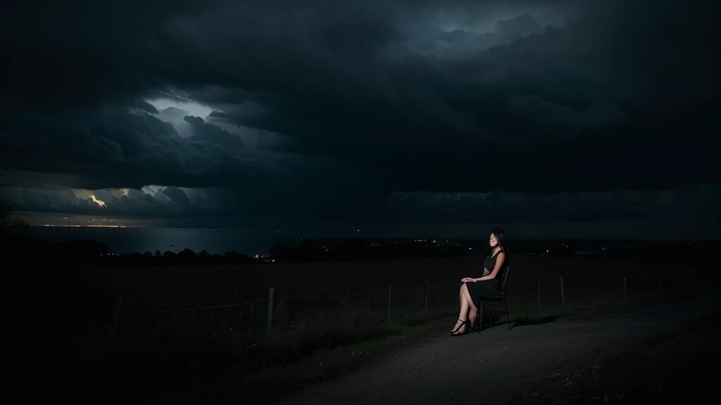 A photo of a beautiful girl sitting on a chair, looking at the sky with a dark, somber atmosphere. The surroundings are shadowy and moody, with deep, dramatic lighting adding to the intensity of the scene. The background features a dark sky with heavy clouds, enhancing the overall feeling of gloom and mystery.