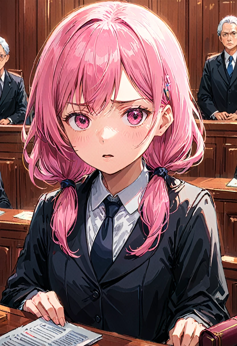 girl, lawyer, court, speech, discuss, Detailed Background, Realistic, Movie stills, Highest quality, masterpiece, so beautiful, Perfect composition, Intricate details, Super detailed, Animajin, (pink hair,Glare、Speak Up