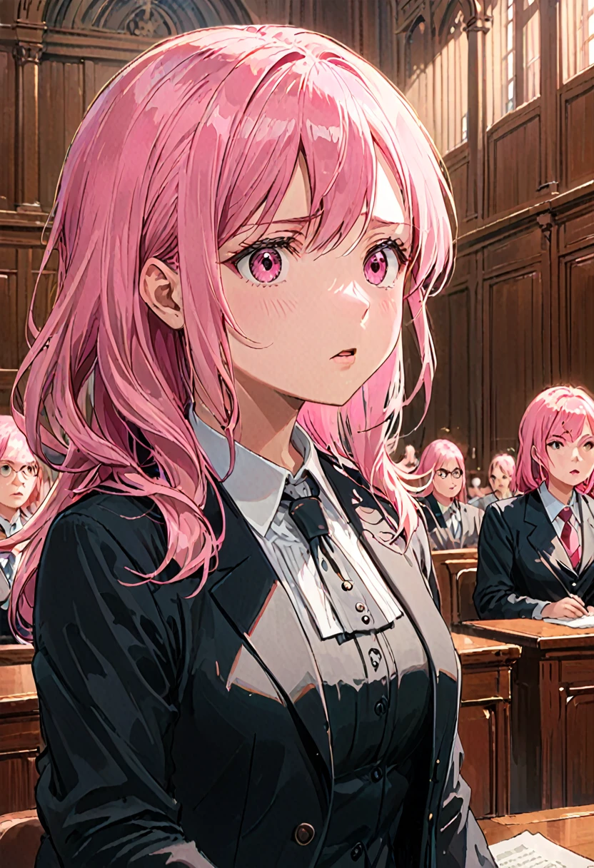 girl, lawyer, court, speech, discuss, Detailed Background, Realistic, Movie stills, Highest quality, masterpiece, so beautiful, Perfect composition, Intricate details, Super detailed, Animajin, (pink hair,Glare、Speak Up