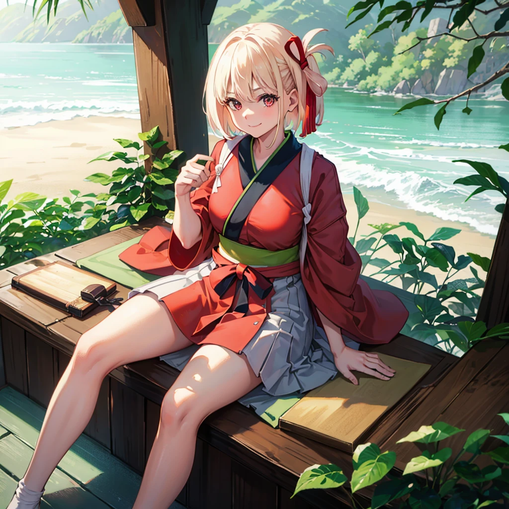 (masterpiece, best quality, detailed), 1girl, solo, chisato nishikigi, blonde hair, red eyes, short hair, medium breasts, looking at viewer,
(samurai), japanese armor, kusazuri, sode, kote, sheath, japanese clothes, hakama, outdoors, bamboo forest, nature, wariza, hand between legs, from above, smile, closed mouth