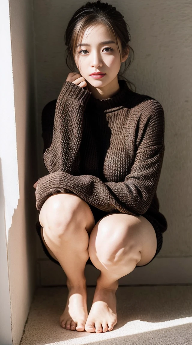 Dark brown hair、Light brown eyes、Japanese actress、 Lady、I am about 40 years old..、(Intricate details:1.2)、(Which one is on top??:1.4)、 (Ultra-high resolution:1.2)、Ultra-high resolution、(Finely tuned)、(Detailed facial features)、Hmph、8K resolution、D cup size breasts、Long Hair、Bright bathroom with sunlight shining in、Large windows、Extravagant space、relax、、,Full body photo、Head to toe shot、Beautiful legs、Loose-fitting sweater、Swimsuit Shorts、Beautiful legs、A refreshing room filled with sunlight、she, household items, (plant:0.8), Fashion Hub, Extreme Detail, Very detailed, Realistic, Hourglass-shaped body, Obscene pose,、Messy Hair、Messy ponytail、Leaning against a wall、私 cry a lot、tears、person on the left、White wall、White floor、