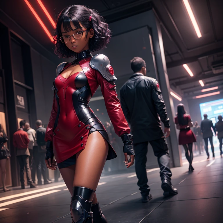 (masterpiece), (best quality), (high res) Solo, (perfect anatomy), (young girl (10 years old), ((((dark skin)))), curly purple hair (shoulder length), red eyes, round eyeglasses, (skin tight long sleeved dress), (red high heels boots), (shirt), (super tight skirt), angry, (((flat chest))), in a futuristic setting with a red light, cyberpunk, cyber suit, best anime 4k, cybersuits, in a backstage