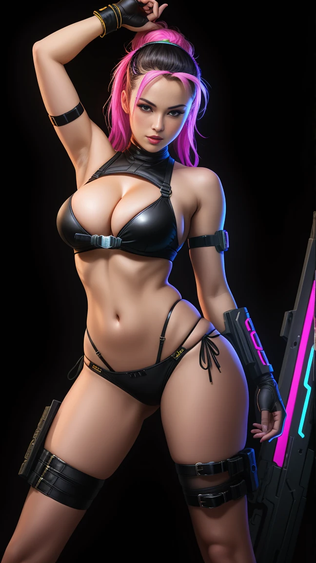 there is Cammy from Streetfighter standing, 3 d neon art of a womans body, neon-noir background, cyberpunk femme fatale, seductive cyberpunk dark fantasy, cyberpunk strip clubs, cyberpunk 20 y. o model girl, oppai cyberpunk, banner, high definition cgsociety, cgsociety masterpiece, trending on cgstation, kda, random hair, looking at camera, gigantic breasts, cleavage, (high detailed skin:1.2), 8k uhd, dslr, super lighting, high quality, film grain, high res, highly detailed, hyper realistic, beautiful face, beautiful body, beautiful eyes nose lips, alluring expression, very bold, upper visible, full body photo, standing legs apart, pale translucent glowing skin, most beautiful face, cute, (well defined pubic hair:1.2)), (dark plain black background:1.4))