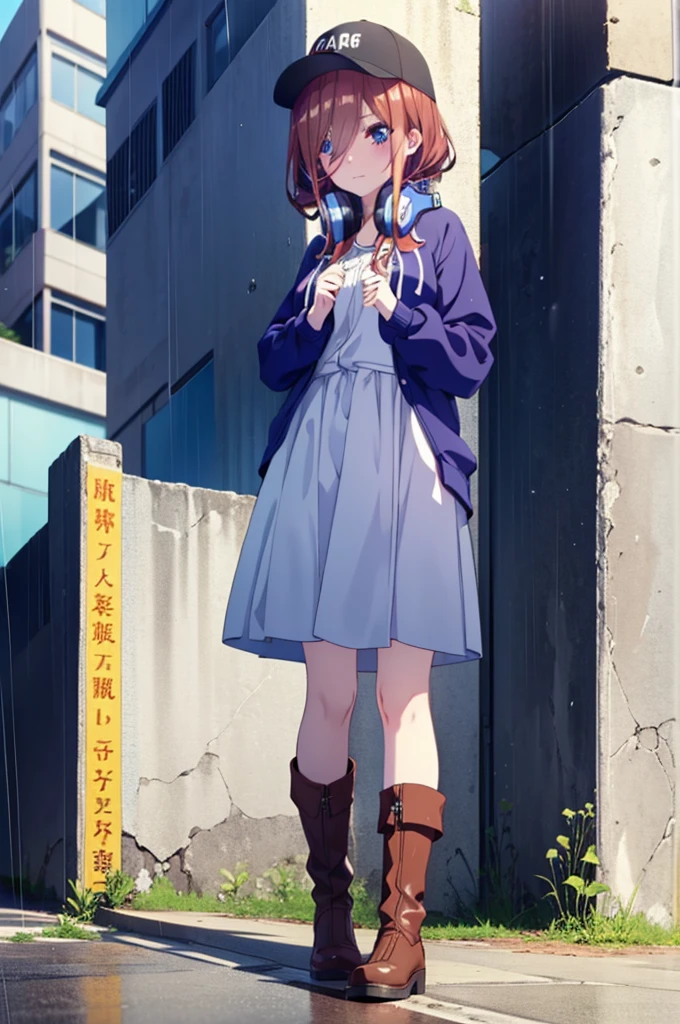 miku nakano, Nakano Miku Ticket III, Long Hair, bangs, blue eyes, Brown Hair, Hair between the eyes,Baseball hats,Headphones around neck,Oversized blue hoodie,Long skirt,short boots,rain,Hiding in a roofed building,Standing leaning against the wall,whole bodyがイラストに入るように,
break outdoors, Building district,
break looking at viewer, whole body,
break (masterpiece:1.2), Highest quality, High resolution, unity 8k wallpaper, (figure:0.8), (Beautiful attention to detail:1.6), Highly detailed face, Perfect lighting, Highly detailed CG, (Perfect hands, Perfect Anatomy),