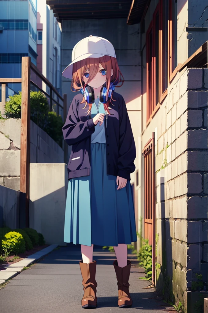 miku nakano, Nakano Miku Ticket III, Long Hair, bangs, blue eyes, Brown Hair, Hair between the eyes,Baseball hats,Headphones around neck,Oversized blue hoodie,Long skirt,short boots,rain,Hiding in a roofed building,Standing leaning against the wall,whole bodyがイラストに入るように,
break outdoors, Building district,
break looking at viewer, whole body,
break (masterpiece:1.2), Highest quality, High resolution, unity 8k wallpaper, (figure:0.8), (Beautiful attention to detail:1.6), Highly detailed face, Perfect lighting, Highly detailed CG, (Perfect hands, Perfect Anatomy),