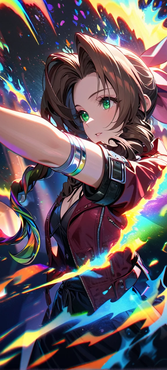 Symetrical,detailed front view,absurdres, highres, ultra detailed, HDR, masterpiece, extremely detailed face and eyes, aerith gainsborough ,final fantasy 7, , , solo, women , beautiful, ,, , beautiful pose scene,colorful flowers effect, colorful lightning effect,glowing glitters, ,colorful flames effect, colorful aura effect, colorful splashing, surrounded by colorful flowers energy