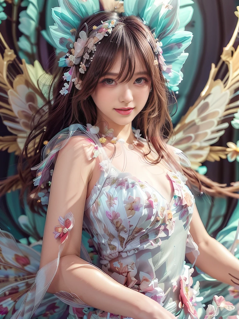4K Ultra HD, masterpiece, girl, Nice face, Fine grain, Detailed lips, 花のFairyの少女, Big Wings, Transparent feathers, Neon Light, (Galaxy Background:1.5), (Floral Dress:1.8), (White Dress:1.5), In heaven,Angel、Fairy、(((Gentle Smile 1.3)))、(((Elegant pose 1.5)))、(((Blur the background)))、((1.85)))、