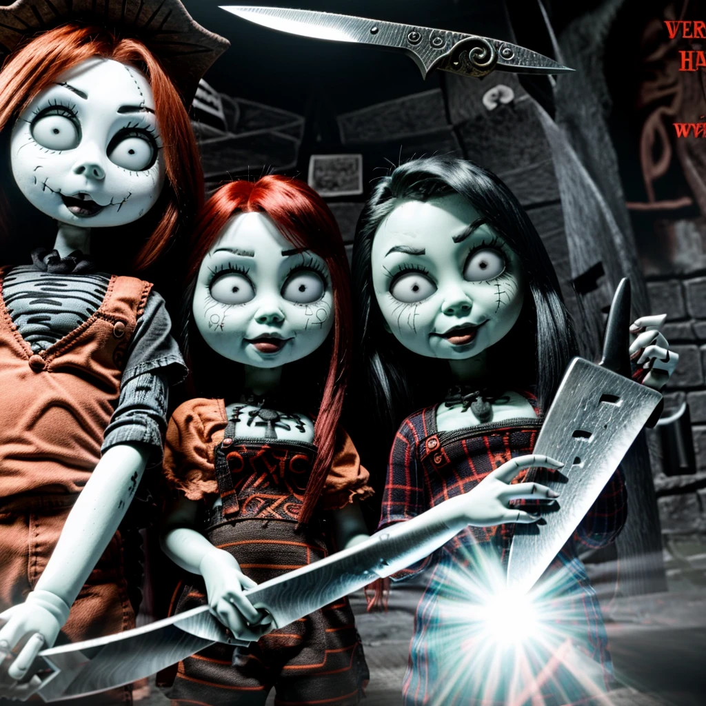 Chucky and Tiffany Ray fictional horror characters with knives in hand
