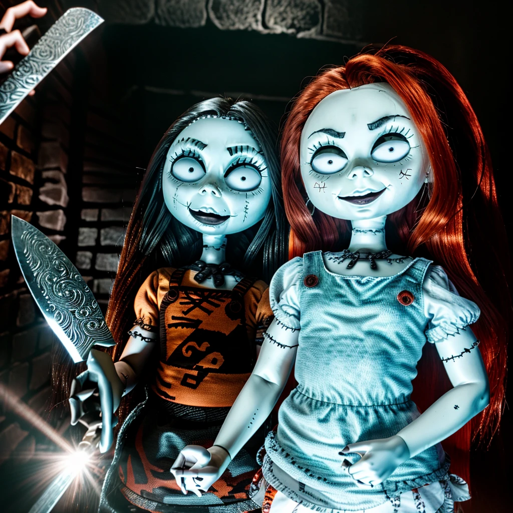 Chucky and Tiffany ray with knife in hand dark style