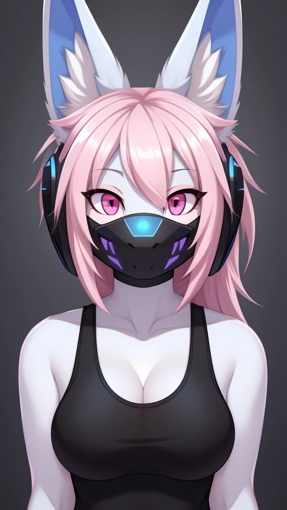 Furry protogen female anthropomorphic white fur pink eyes blue ears wearing a black tank top medium breast size headshot view 