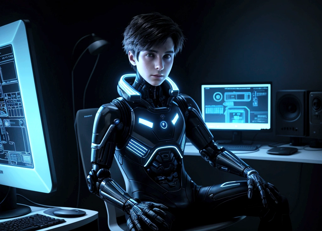 a turned off synthetic boy sitting in front of a flickering monitor