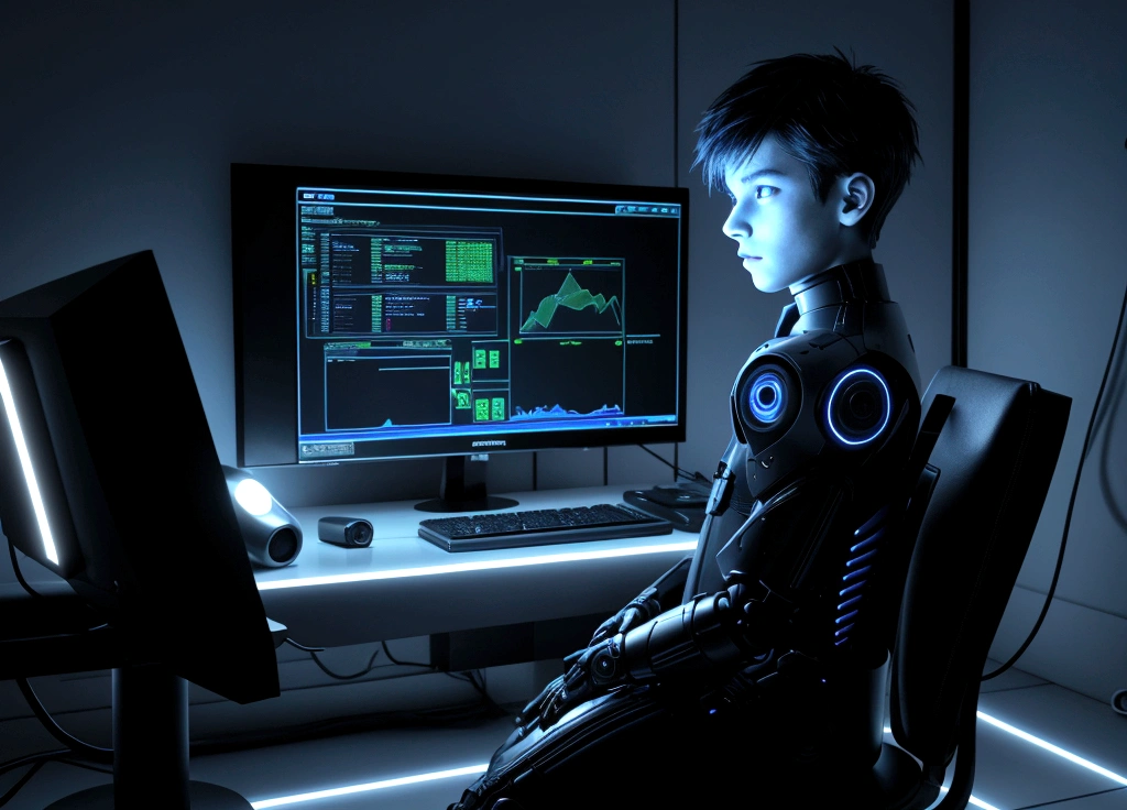 a turned off synthetic boy sitting in front of a flickering monitor