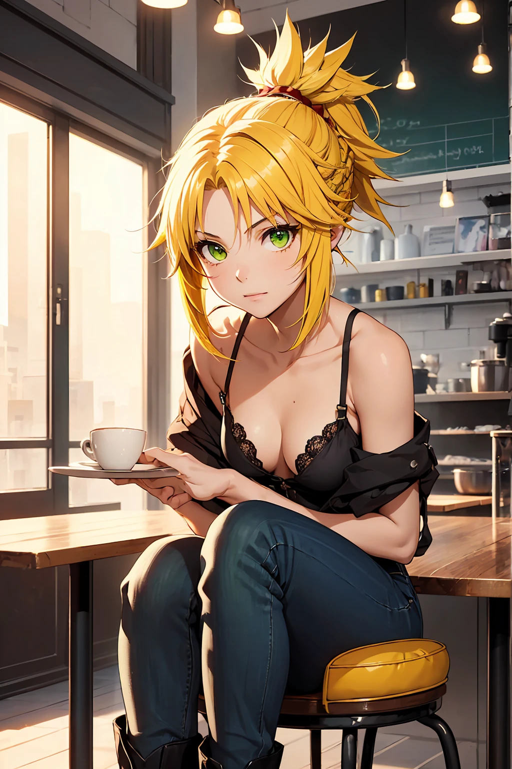 (One girl:1.5), (Small breasts :1.5), (Mordred \(destiny\):1.3), UFOTABLE STYLE, Anime Coloring, Anime screenshots,
((High resolution illustrations)), ((masterpiece)), ((Highest quality)), High detail, Many details,
(Textured skin:1.4), (Detailed yellow hair: 1.9), (Detailed green eye:1.4), short hair, Complex Hair, Hair between the eyes, Nice hands, Perfect hands, Perfect body, Focus Only, Fine eyebrows, pace, ponytail, Braiding, slim, Healthy Body, skinny,
Detailed lighting, Realistic colors, Bright colors, Sharp focus, Ray Tracing, Cinema Lighting, Bold line,
Black Military Boots, Jeans Shorts, (tube_superior:1.3),
sitting in a cafe, holding a coffee cup,
At the cafe, evening, city,
sexy, Intimate, erotic, Not art, No photos,
Romantic atmosphere, Romantic atmosphere,