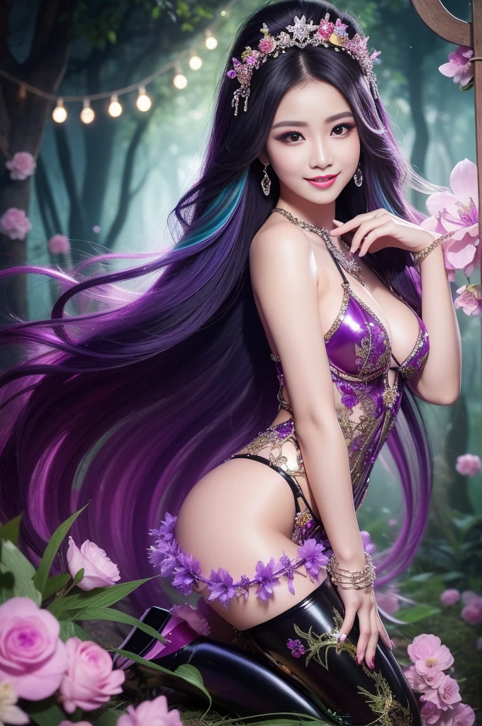 sexy Thai model who controls poison、beautiful smile、lipgloss、long lashes、dramatic makeup、look at the camera、full body Esbian、、sparkling poisoned enchanted flower costume、、、、shiny sparkling multicolor hair、secrete poison、skull hair accessories、ultra detailed tights、shiny sparkling dark magic forest background