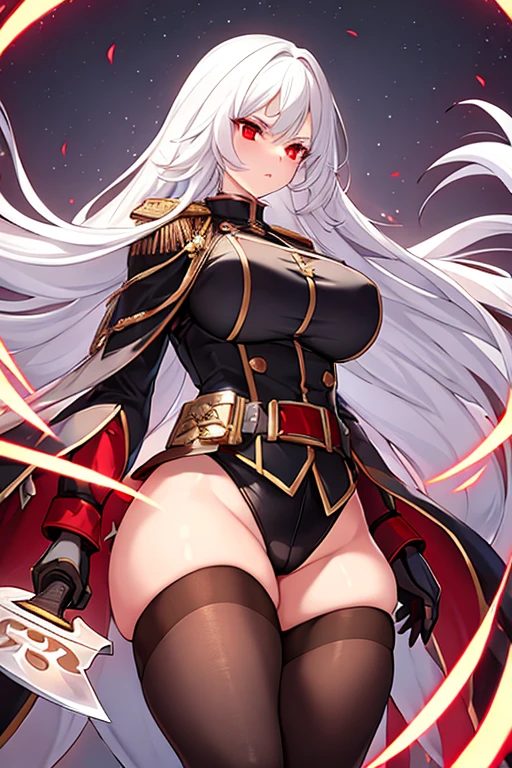 1girl, white hair, long hair, red eyes, serious, glowing eyes, large breasts, thick thighs, mature female, toned, leotard, black leotard, thighhighs, belt, knife, fur trim, fur, jacket, pantyhose