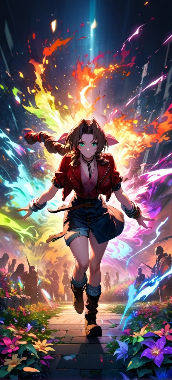 Symetrical,absurdres, highres, ultra detailed, HDR, masterpiece, extremely detailed face and eyes, aerith gainsborough ,final fantasy 7, , , solo, women , beautiful, ,, , beautiful fight scene,colorful flowers effect, colorful lightning effect,glowing glitters, ,colorful flames effect, colorful aura effect, colorful splashing, surrounded by colorful flowers energy