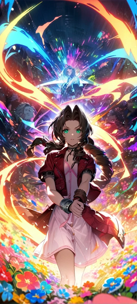 Symetrical,absurdres, highres, ultra detailed, HDR, masterpiece, extremely detailed face and eyes, aerith gainsborough ,final fantasy 7, , , solo, women , beautiful, ,, , beautiful fight scene,colorful flowers effect, colorful lightning effect,glowing glitters, ,colorful flames effect, colorful aura effect, colorful splashing, surrounded by colorful flowers energy