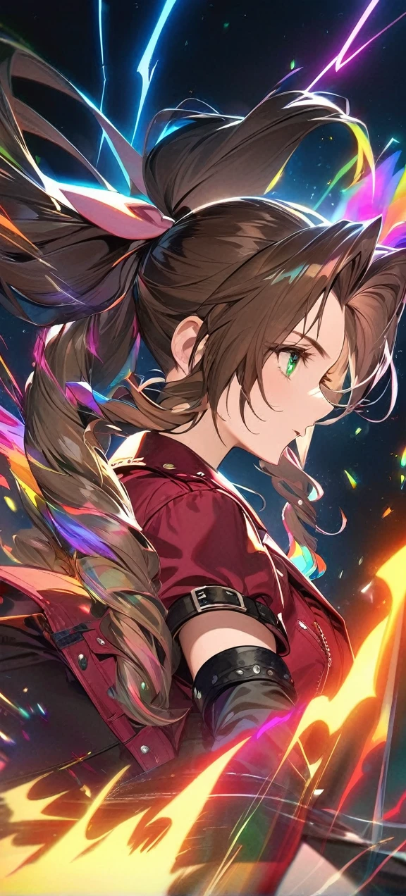 Symetrical,absurdres, highres, ultra detailed, HDR, masterpiece, extremely detailed face and eyes, aerith gainsborough ,final fantasy 7, , , solo, women , beautiful, ,, , beautiful fight scene,colorful flowers effect, colorful lightning effect,glowing glitters, ,colorful flames effect, colorful aura effect, colorful splashing, surrounded by colorful flowers energy