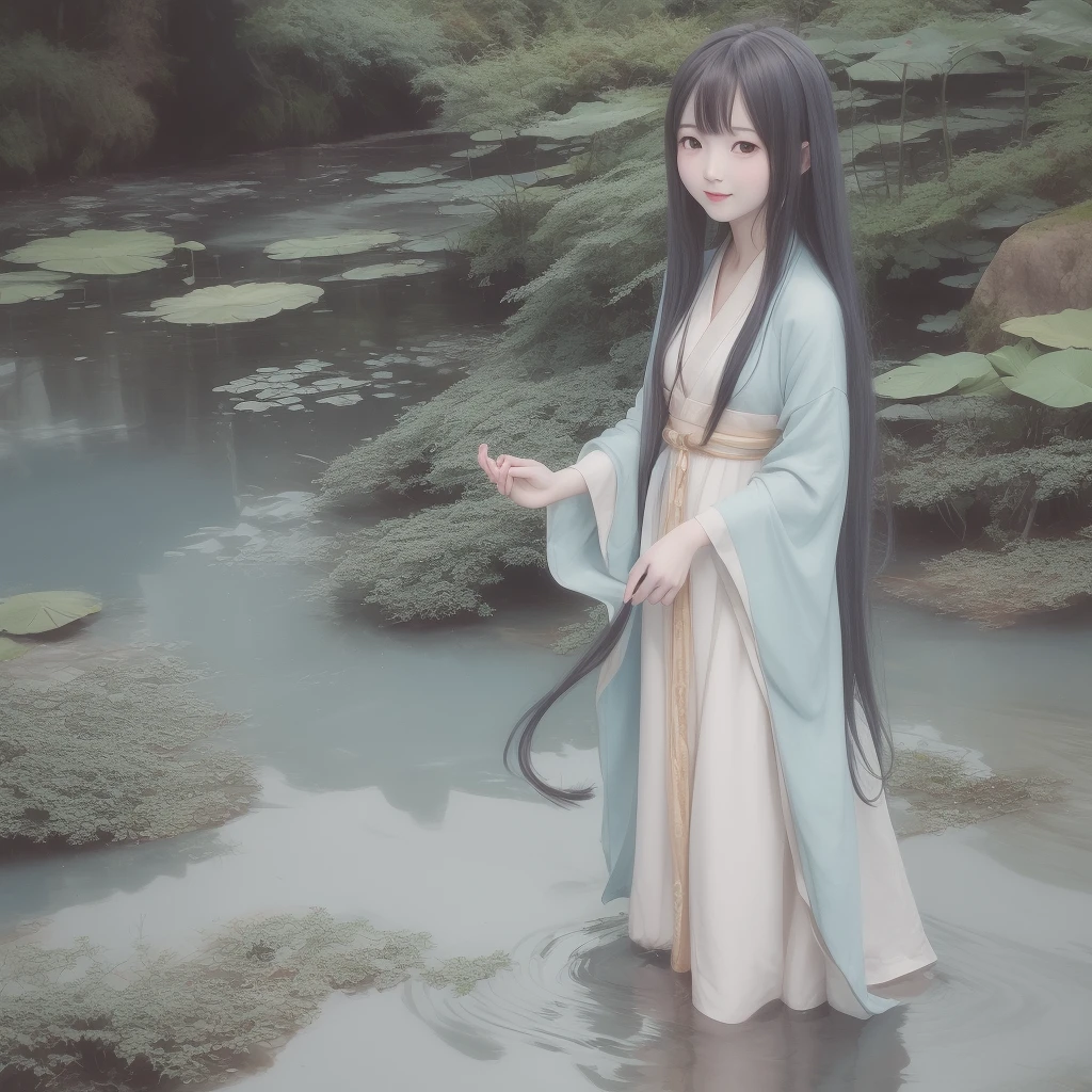 ((4k,masterpiece,best quality)), shuimobysim, traditional chinese ink painting, lotus, hanfu, maxiskit, dress conservatively
1girl, solo, long blue hair, smile, standing, feet in the water, barefoot,