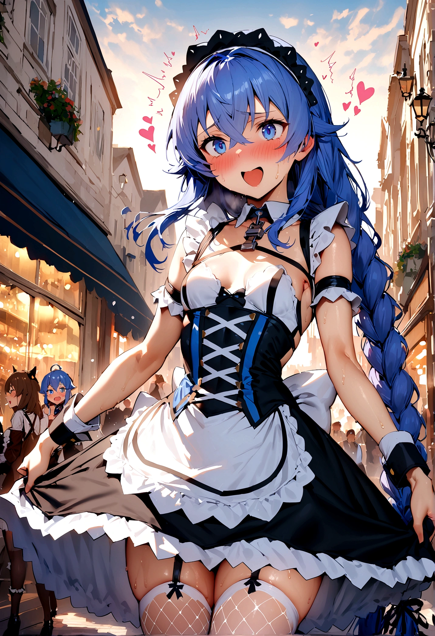 NSFW,masterpiece,Highest quality,High resolution,Super detailed,Roxy Migurdia\(Mushoku Tensei ～If you go to another world, you'll get serious～\),Small breasts,Blue Eyes,Blue Hair,Long Hair,Braid,Twin Blade,(High-quality sexy maid outfit),White fishnet stockings,Iron Collar,Embarrassed,excited,Estrus,blush,smile,Sweat,orgasm,Climax,(Squirting),heart,bustling street,shopping