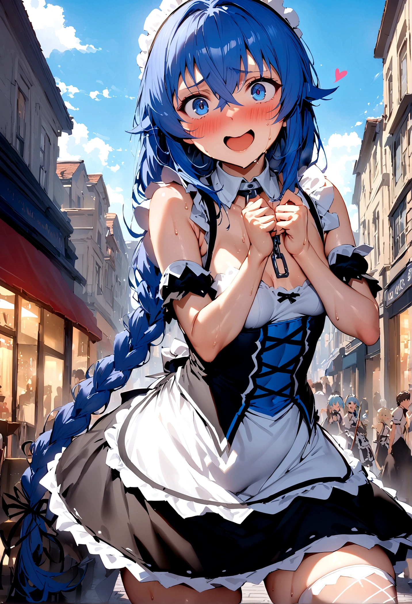 NSFW,masterpiece,Highest quality,High resolution,Super detailed,Roxy Migurdia\(Mushoku Tensei ～If you go to another world, you'll get serious～\),Small breasts,Blue Eyes,Blue Hair,Long Hair,Braid,Twin Blade,(High-quality sexy maid outfit),White fishnet stockings,Iron Collar,Embarrassed,excited,Estrus,blush,smile,Sweat,orgasm,Climax,(Squirting),heart,bustling street,shopping