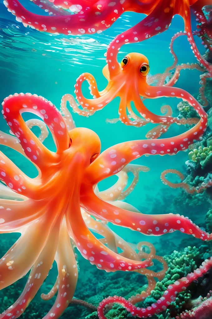 (Highest quality,4K,8K,High resolution,masterpiece:1.2),(Transparent color octopus:1.3),Super detailed,Realistic:1.37,Vibrant colors,Underwater Scene,Beautiful and elaborate coral reefs,The bright sun illuminates the clear blue sea,Abundant marine life,Colorful exotic tropical fish,The gentle movement of seaweed,Crystal clear visibility,Ethereal atmosphere,Peace and tranquility,Soft natural light,Skillfully painted like an oil painting,Subtle rays of sunlight reflecting off the ocean floor,Peace and tranquility,Great beauty,Fascinating水中の楽園,Impressive biodiversity,Attention to detail,細心の注意を払って作られた水中のmasterpiece,Perfect clarity,Fascinating,Fascinating,Photorealistic Rendering,Carefully drawn coral structure,on a whim,dream-like,A gorgeous work of art,Striking realism,Sublime Underwater Ecosystem,Harmony between life and nature.