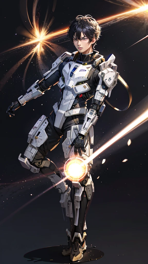 young Asian man in a cyber suit, wild black Hair, brown eyes, serious look on face, White Cyber Suit, dynamic pose shooting beam from chest, yomama_beam, cherry blossoms in space, quasar in backgrounds, fighting robots in space