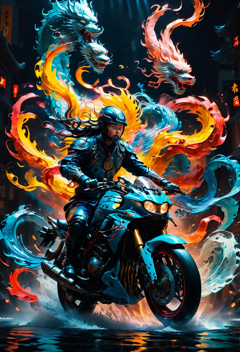 Motorcycle, rider, full body, by Qi Baishi and Chen Longque and Chen Dingbo, dramatic composition, cinematic dynamic action scene, vibrant colors, cinematic lighting, dramatic lighting, best quality, masterpiece, very aesthetic, perfect composition, intricate details, ultra-detailed