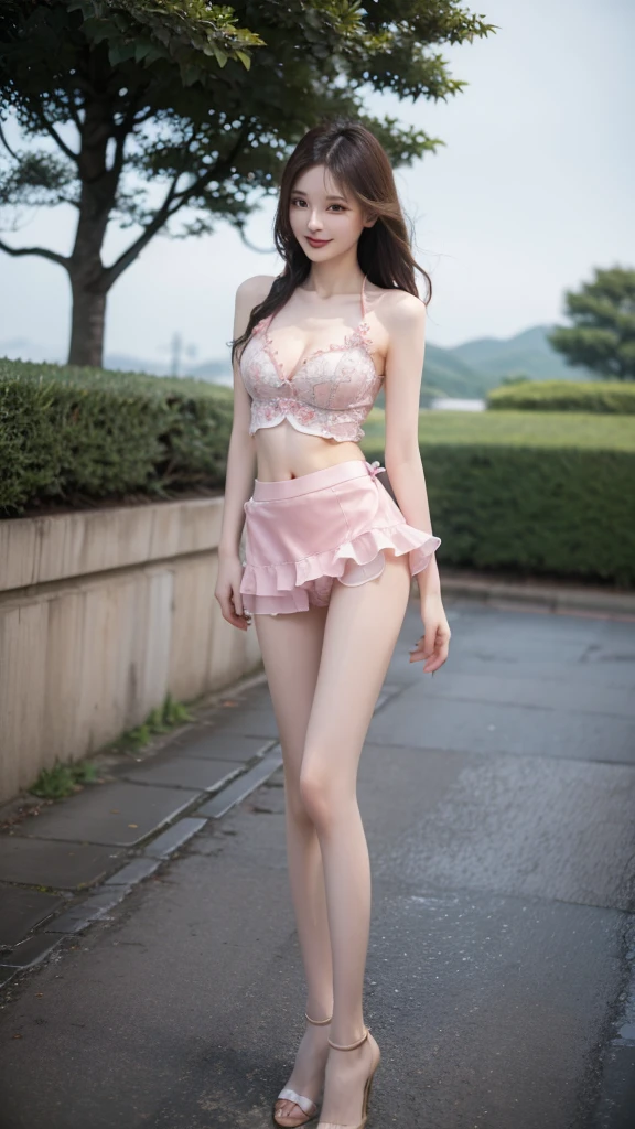 RAW, masterpiece, best quality, extremely detailed, 8k, HDR, photorealistic, intricate, A skinny Asian girl, she has an extremely slim body with (narrow and small hips), long straight hair, cleavage, wearing a top and extremely short pink flared microskirt, smile, standing, outdoors